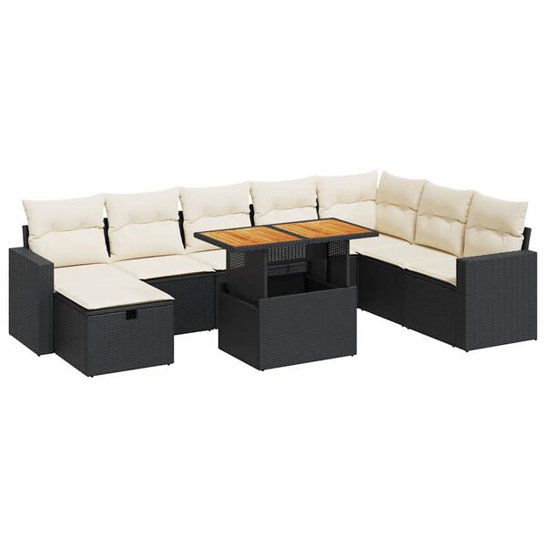 vidaXL 9-tlg. Garten-Sofagarnitur mit Kissen Schwarz Poly Rattan