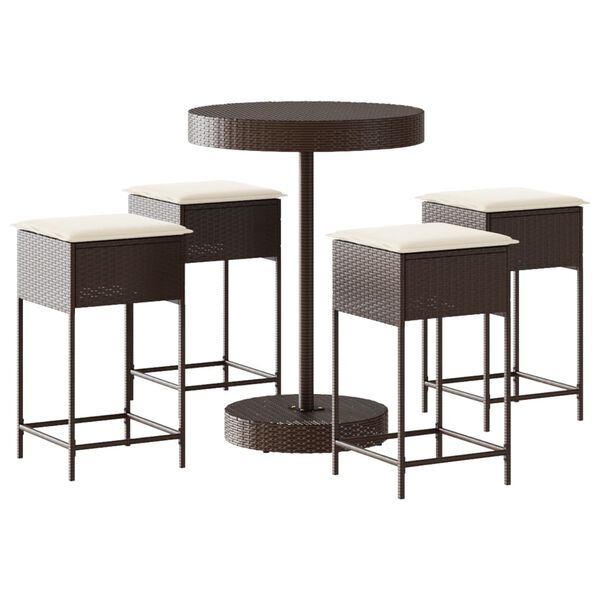 vidaXL 5-tlg. Gartenbar-Set mit Kissen Braun Poly Rattan