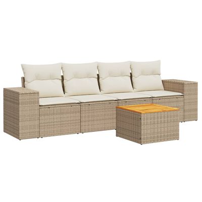 vidaXL 5-tlg. Garten-Sofagarnitur mit Kissen Beige Poly Rattan