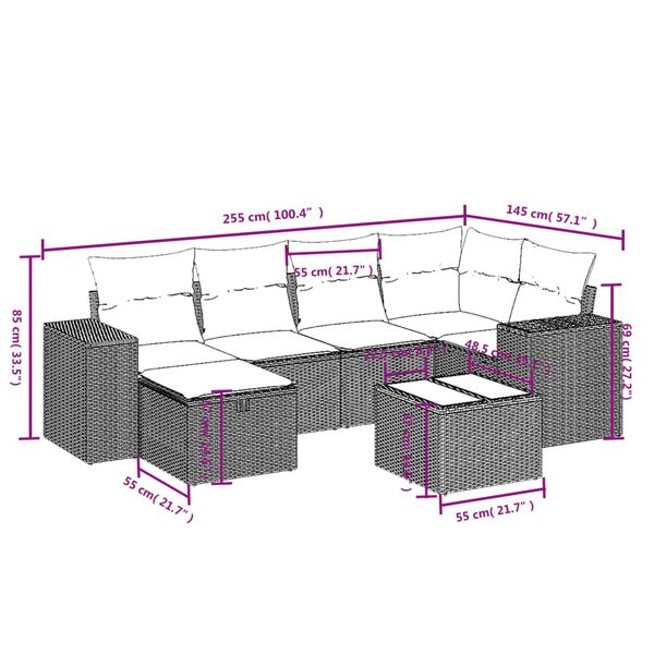 vidaXL 7-tlg. Garten-Sofagarnitur mit Kissen Hellgrau Poly Rattan