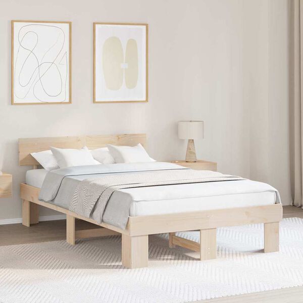 vidaXL Bettrahmen mit Kopfteil Natur 140 x 190 cm Massives Kiefernholz