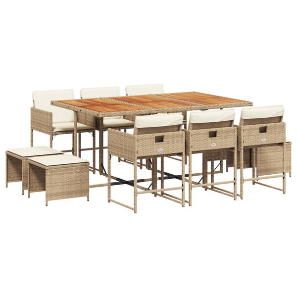 vidaXL 11-tlg. Garten-Essgruppe mit Kissen Beige Poly Rattan