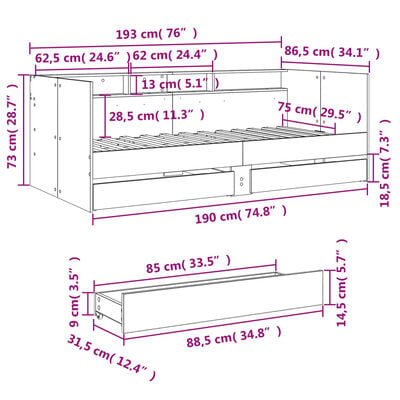 vidaXL Tagesbett mit Schubladen ohne Matratze Betongrau 75x190 cm