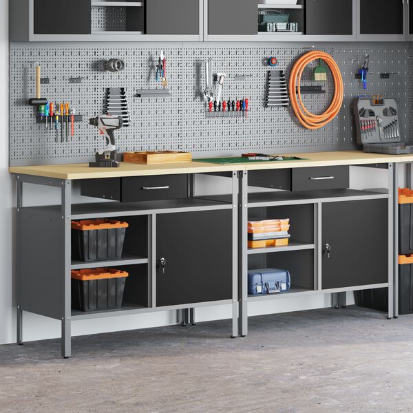 vidaXL Werkbank-Set mit Regal 2 pcs Schwarz und Grau 200 x 55 x 85 cm