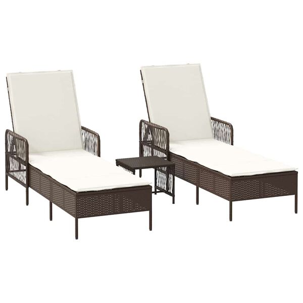 vidaXL Sonnenliege mit Kissen 3 pcs Braun und Creme Weiß Poly-Rattan