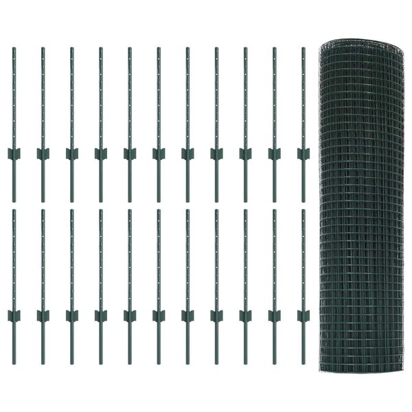 vidaXL Zaun mit Pfosten Gr&uuml;n 0,5 x 50 m Stahl und PVC