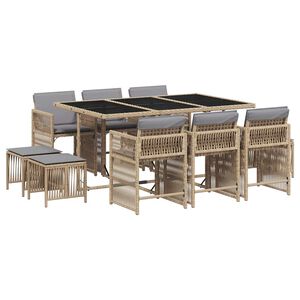 vidaXL 11-tlg. Garten-Essgruppe mit Kissen Beigemischung Poly Rattan