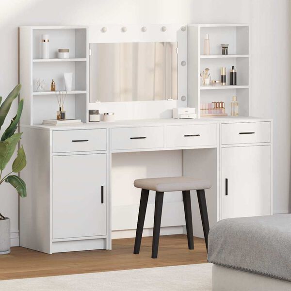 vidaXL Schminktischset mit LED mit Schubladen 3 pcs Wei&szlig; Holzwerkstoff
