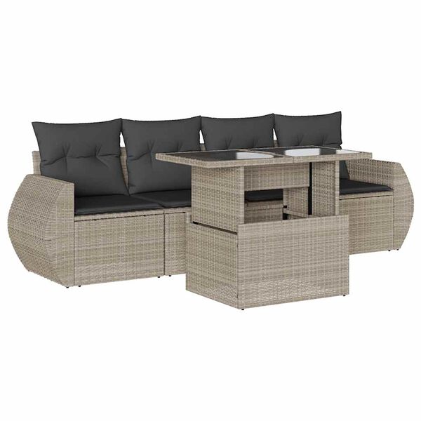 vidaXL 5-tlg. Garten-Sofagarnitur mit Kissen Hellgrau Poly Rattan