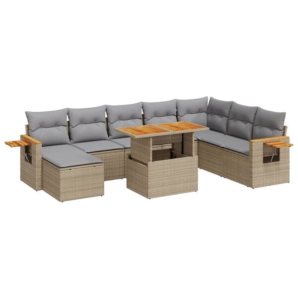 vidaXL 9-tlg. Garten-Sofagarnitur mit Kissen Beige Poly Rattan Akazie