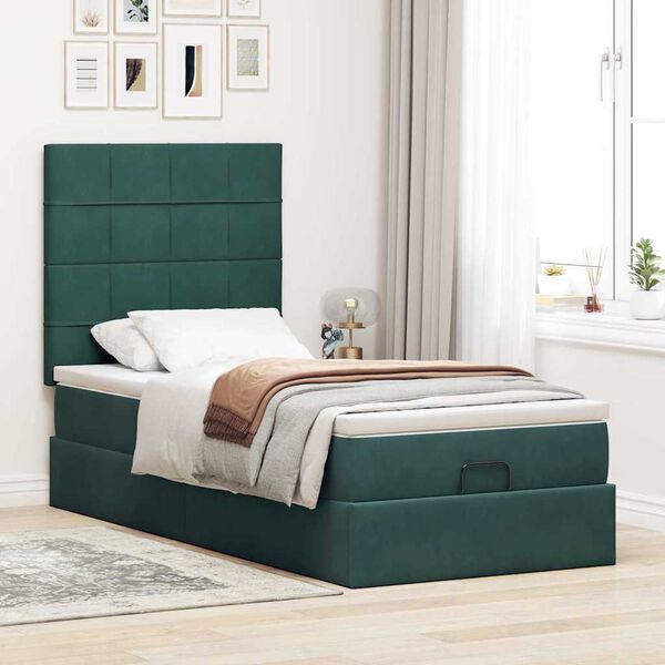 vidaXL Ottoman-Bett mit Matratzen & LEDs Dunkelgr&uuml;n 90x200 cm Samt