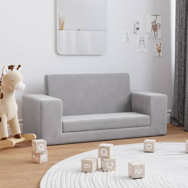 vidaXL Kinder-Schlafsofa 2-Sitzer Hellgrau Weicher Pl&uuml;sch