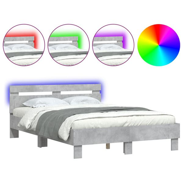vidaXL Bettgestell mit Kopfteil LED-Beleuchtung Betongrau 135x190 cm