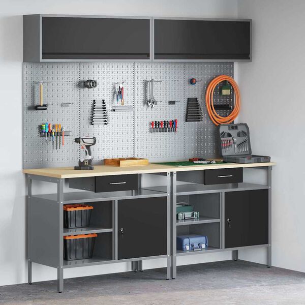 vidaXL Werkbank-Set mit Regal 8 pcs Schwarz 200 x 55 x 200 cm Stahl