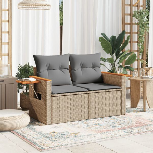 vidaXL Gartensofa mit Kissen 2-Sitzer Beige Poly Rattan