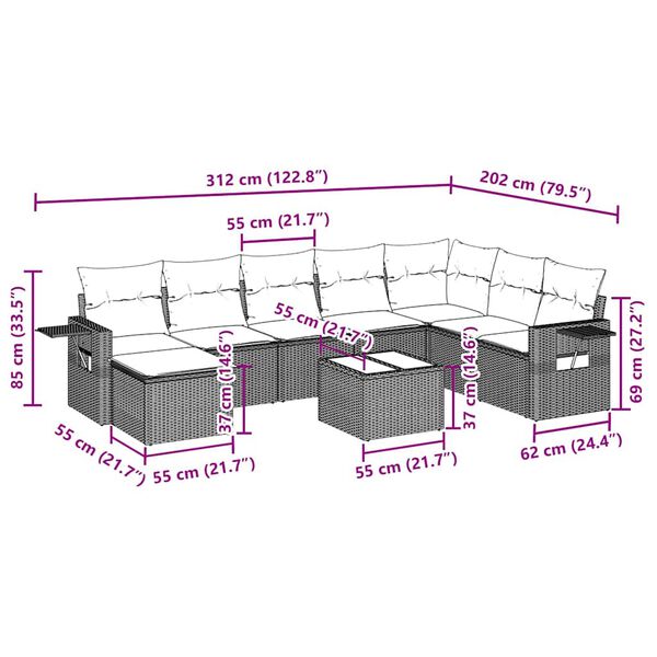 vidaXL 9-tlg. Garten-Sofagarnitur mit Kissen Hellgrau Poly Rattan
