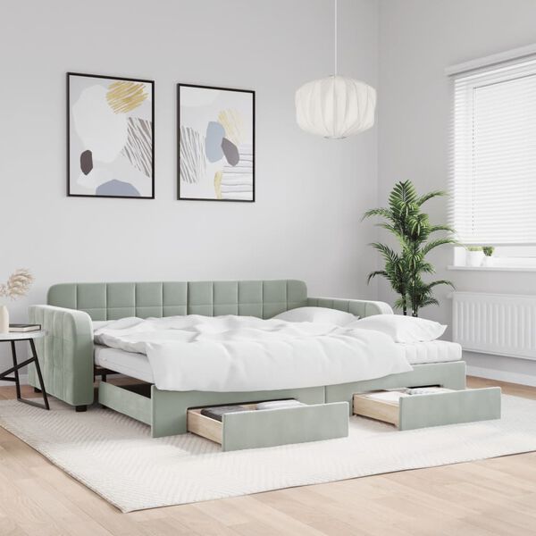 vidaXL Tagesbett Ausziehbar mit Schubladen Hellgrau 90x200 cm Samt