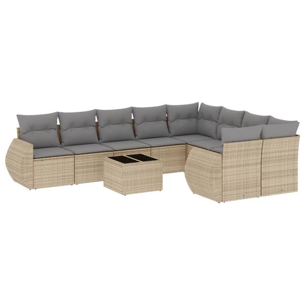 vidaXL 10-tlg. Garten-Sofagarnitur mit Kissen Beige Poly Rattan