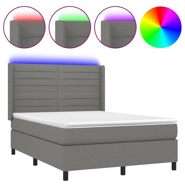 vidaXL Boxspringbett mit Matratze & LED Dunkelgrau 140x200 cm Stoff