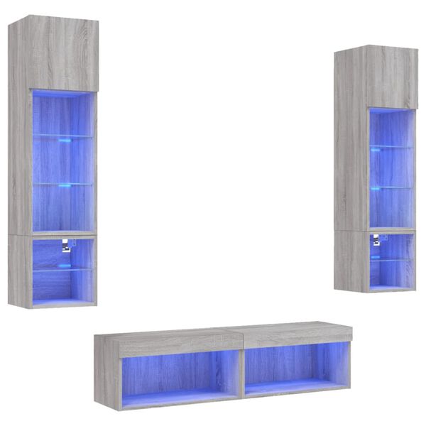 vidaXL 6-tlg. Wohnwand mit LED-Beleuchtung Grau Sonoma Holzwerkstoff