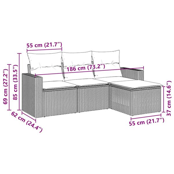 vidaXL 4-tlg. Garten-Sofagarnitur mit Kissen Schwarz Poly Rattan