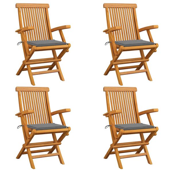 vidaXL Gartenst&uuml;hle mit Grauen Kissen 4 Stk. Massivholz Teak