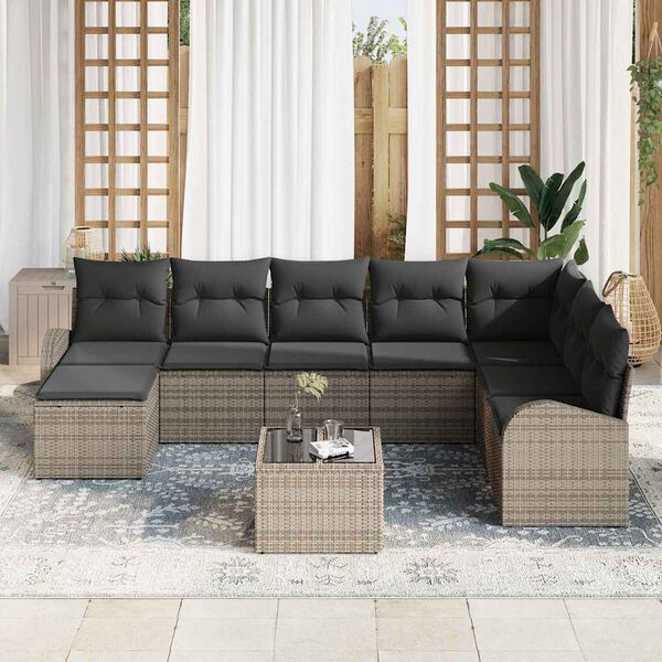 vidaXL Garten-Sofa-Set mit Kissen 9 pcs Grau Poly Rattan