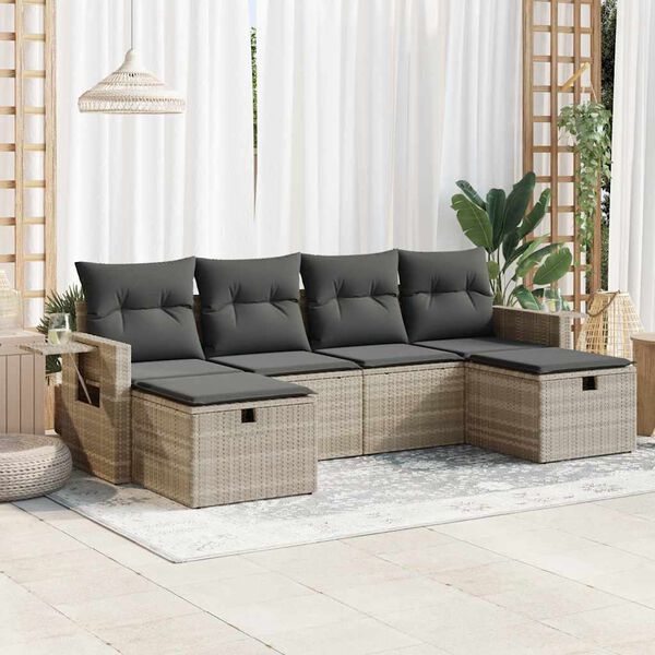 vidaXL 6-tlg. Garten-Sofagarnitur mit Kissen Hellgrau Poly Rattan