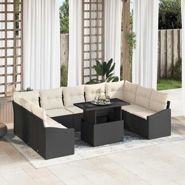 vidaXL Sofa Set mit Kissen 10 pcs Schwarz und Creme Poly-Rattan