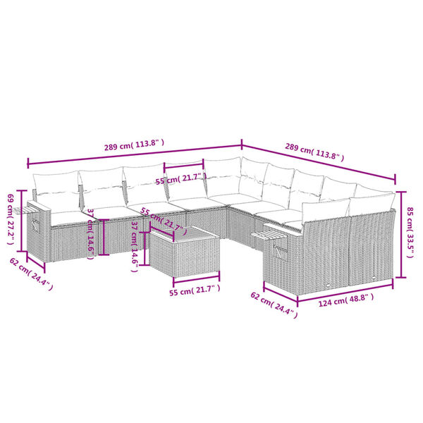 vidaXL 11-tlg. Garten-Sofagarnitur mit Kissen Beige Poly Rattan