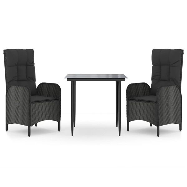 vidaXL 3-tlg. Garten-Essgruppe mit Kissen Schwarz Poly Rattan