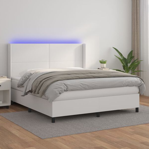 vidaXL Boxspringbett mit Matratze & LED Wei&szlig; 160x200 cm Kunstleder