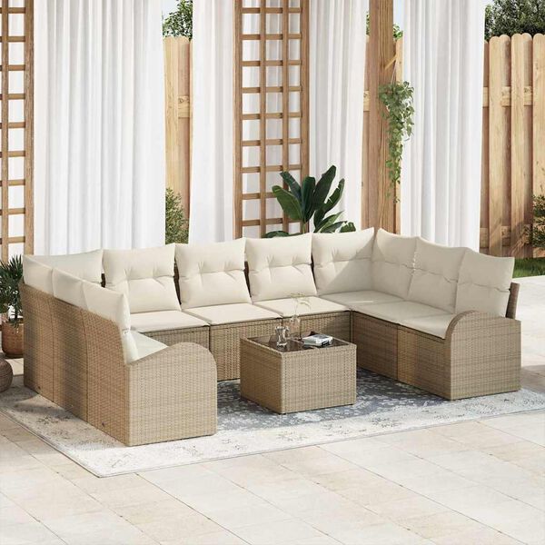 vidaXL Sofa Set mit Kissen 10 pcs Beige und Weiß Poly-Rattan