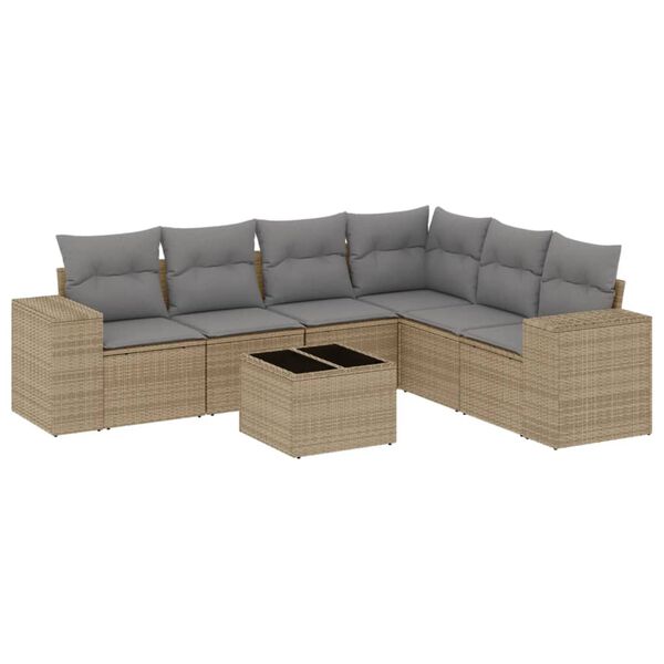 vidaXL 7-tlg. Garten-Sofagarnitur mit Kissen Beige Poly Rattan