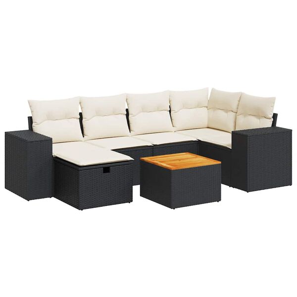 vidaXL 7-tlg. Garten-Sofagarnitur mit Kissen Schwarz Poly Rattan