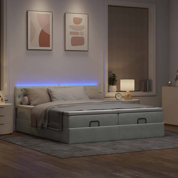 vidaXL Ottoman-Bett mit Matratzen & LEDs Hellgrau 180x200 cm Samt