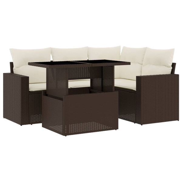 vidaXL 5-tlg. Garten-Sofagarnitur mit Kissen Braun Poly Rattan