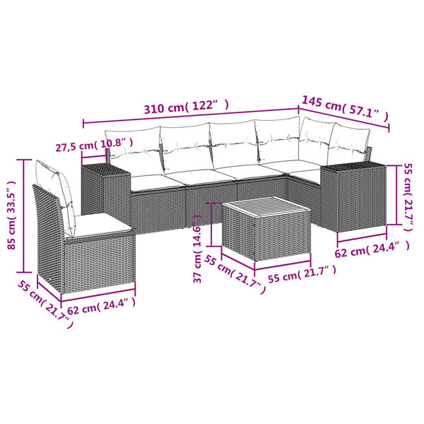 vidaXL 7-tlg. Garten-Sofagarnitur mit Kissen Grau Poly Rattan