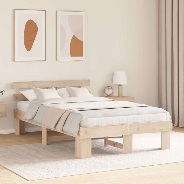 vidaXL Bettrahmen mit Kopfteil Natur 140 x 190 cm Massives Kiefernholz