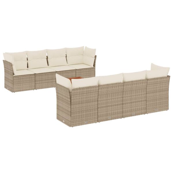 vidaXL 9-tlg. Garten-Sofagarnitur mit Kissen Beige Poly Rattan