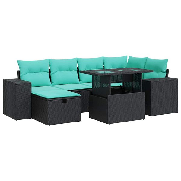vidaXL 7-tlg. Garten-Sofagarnitur mit Kissen Grau Poly Rattan Akazie