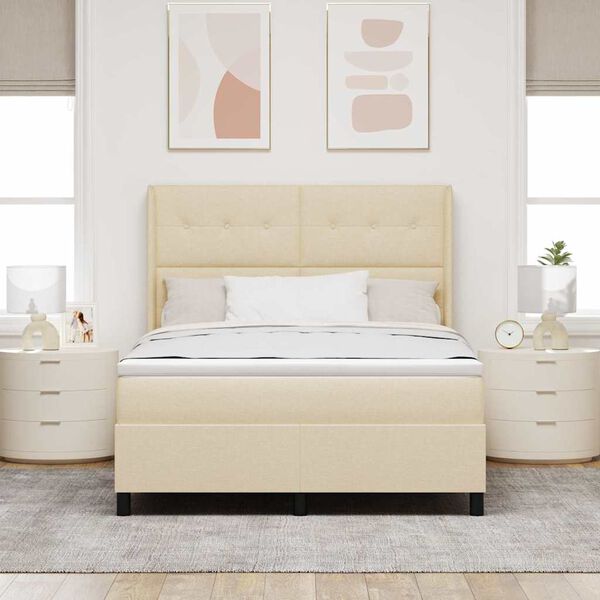 vidaXL LED Boxspringbett mit Matratze Creme 160 x 200 cm Stoff