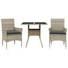 vidaXL 3-tlg. Garten-Essgruppe mit Kissen Hellgrau Poly Rattan Glas
