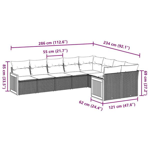 vidaXL 9-tlg. Garten-Sofagarnitur mit Kissen Schwarz Poly Rattan