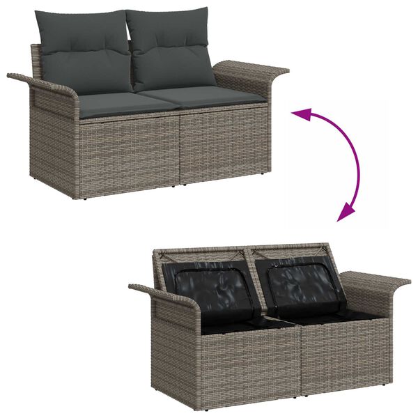vidaXL Garten-Sofa-Set mit Kissen mit Speicher 8 pcs Grau Poly Rattan