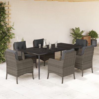 vidaXL 7-tlg. Garten-Essgruppe mit Kissen Grau Poly Rattan