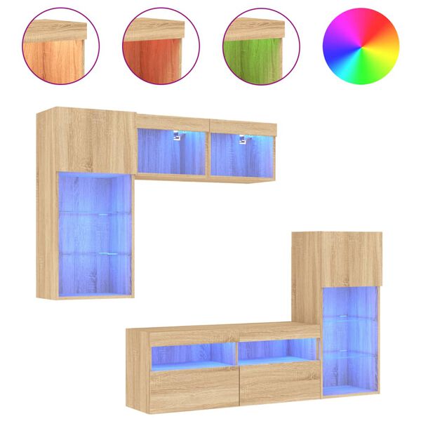 vidaXL 5-tlg. Wohnwand mit LED-Beleuchtung Sonoma-Eiche Holzwerkstoff