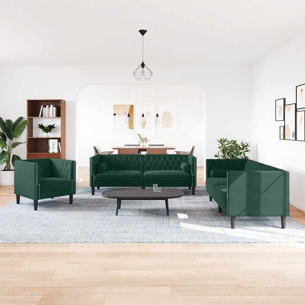 vidaXL 3-tlg. Chesterfield-Sofa-Set mit Nackenrollen Dunkelgr&uuml;n Samt