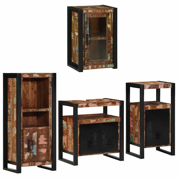 vidaXL Badezimmerm&ouml;bel-Set mit T&uuml;r 4 pcs Mehrfarbig Massives Altholz