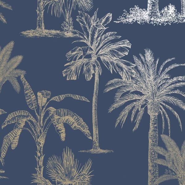 DUTCH WALLCOVERINGS Tapete Tropische Bäume Marineblau und Silbern
